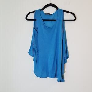 Whetherly Modern Contemporary Eclectic Bright Blue Open Shoulder Bat Sleeve Top